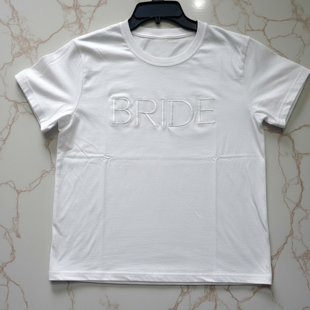 New Medium Bride White T Shirt Crew Neck Short Sleeve Embroidered‎ Wedding Tee